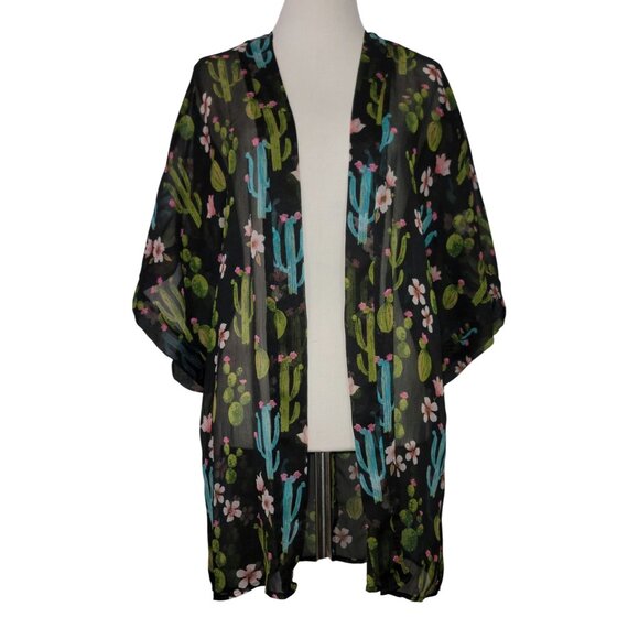 Cactus Print Sheer Kimono Bathing Suit Cover-Up For Women Polyester One Size - Picture 1 of 10